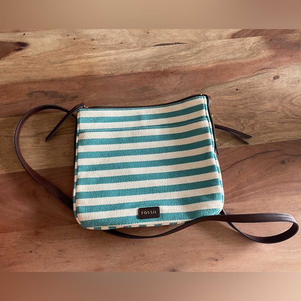 Fossil Teal and Cream Striped Canvas Crossbody